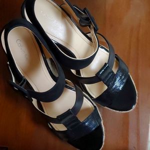 #10 Calvin Klein 9M Ellison espadrille sandals black leather patent & nubuck